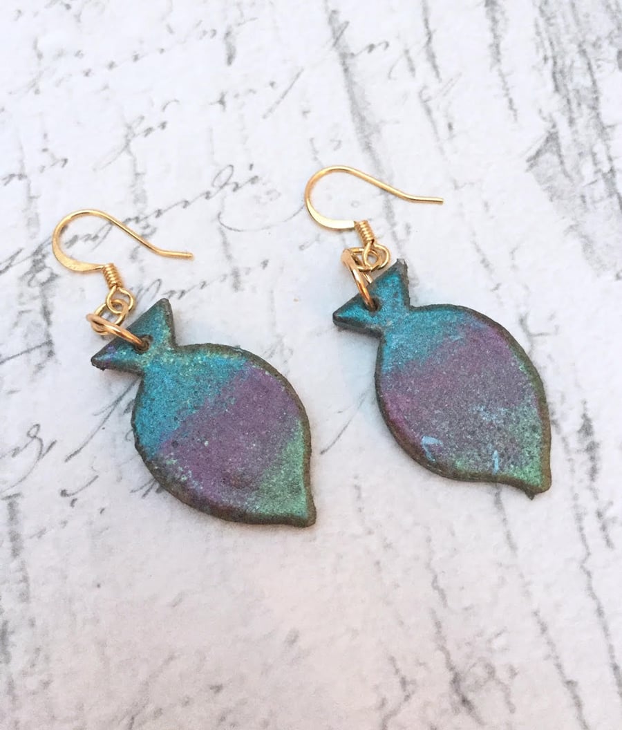 Pink, Blue and Green wooden enamel Fish dangle earrings gold plated earring hook