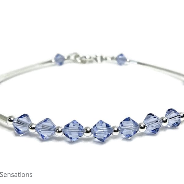 Sterling Silver Bangle Style Bracelet With Light Purple Swarovski Crystals