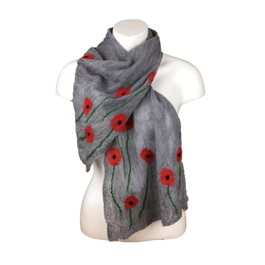 Merino wool lightweight scarf nuno felted on silk chiffon, grey with poppies