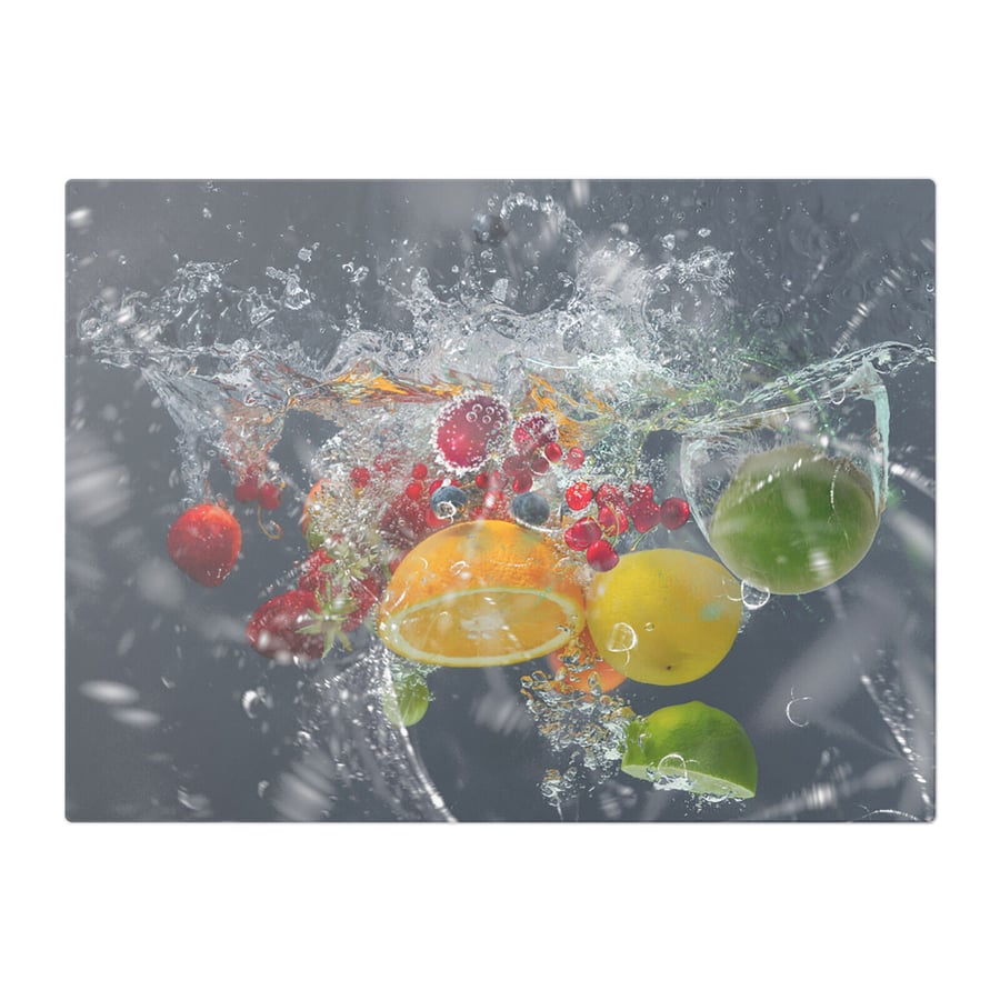Orange & Mixed Fruits In Transparent Water Bubbles Glass Chopping Board