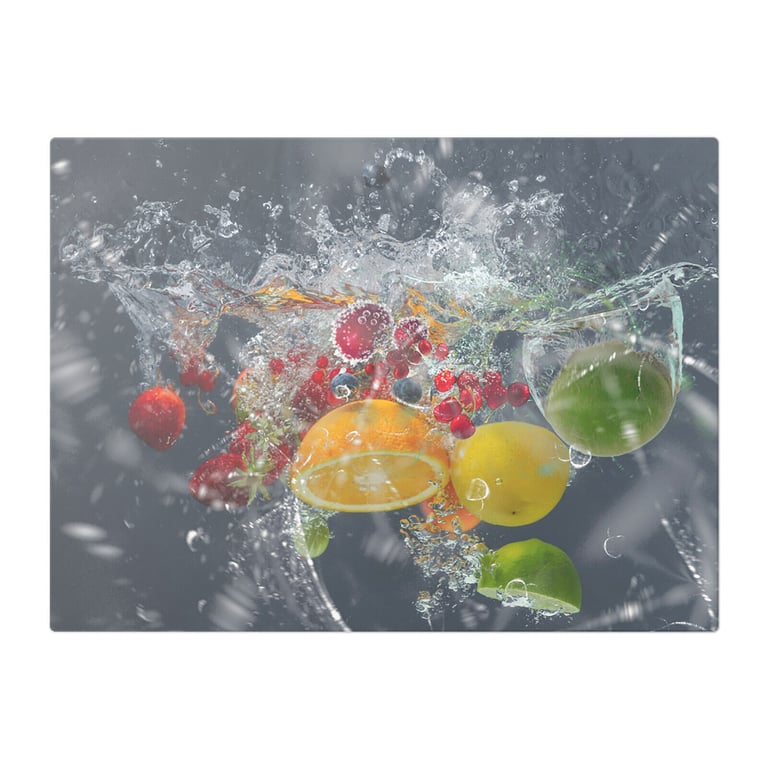 Orange & Mixed Fruits In Transparent Water Bubbles Glass Chopping Board