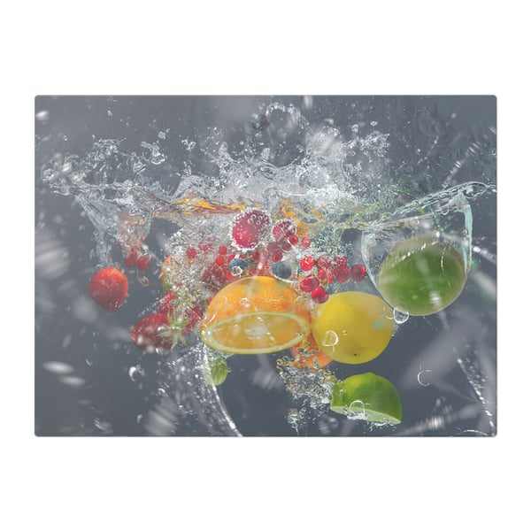 Orange & Mixed Fruits In Transparent Water Bubbles Glass Chopping Board