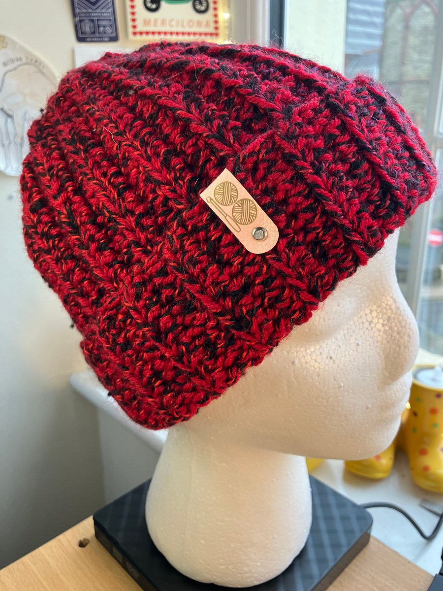 Red Rainbow Illusion Crochet Beanie with Optional Pom-pom