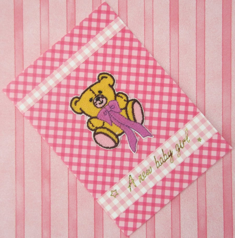 Pink Baby Girl Embroidered Teddy Bear Card
