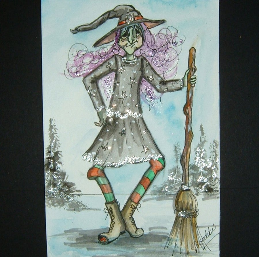 witch Halloween cartoon 6x4" original art painting ref 244