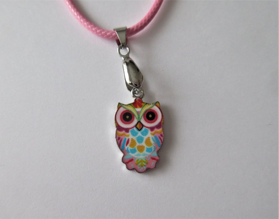Owl Necklace Pink Cord with Cute Owl Charm