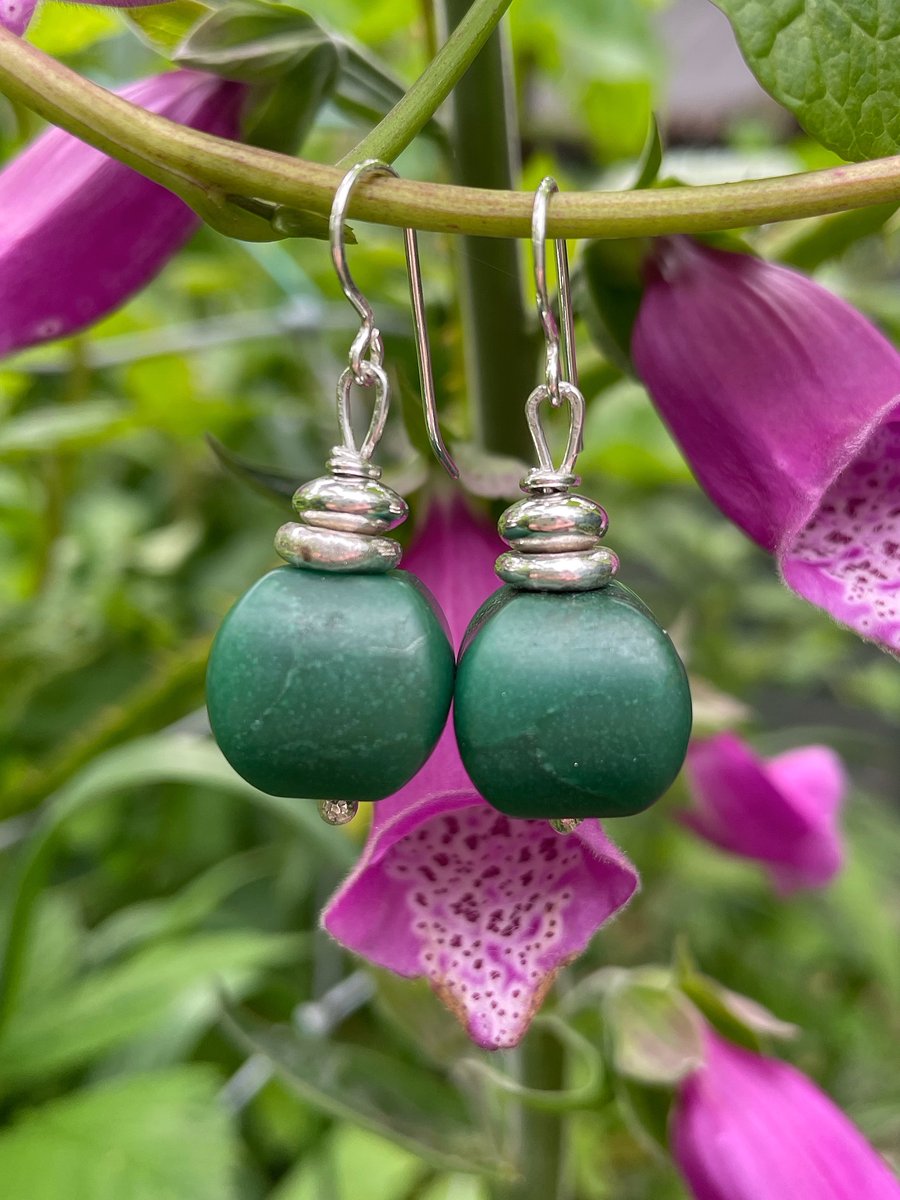 Dark green prasem gemstone and silver bead earrings