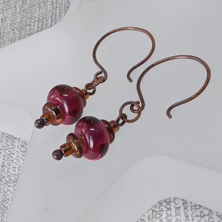 Handmade Copper and Deep Rose Lampwork Earrings