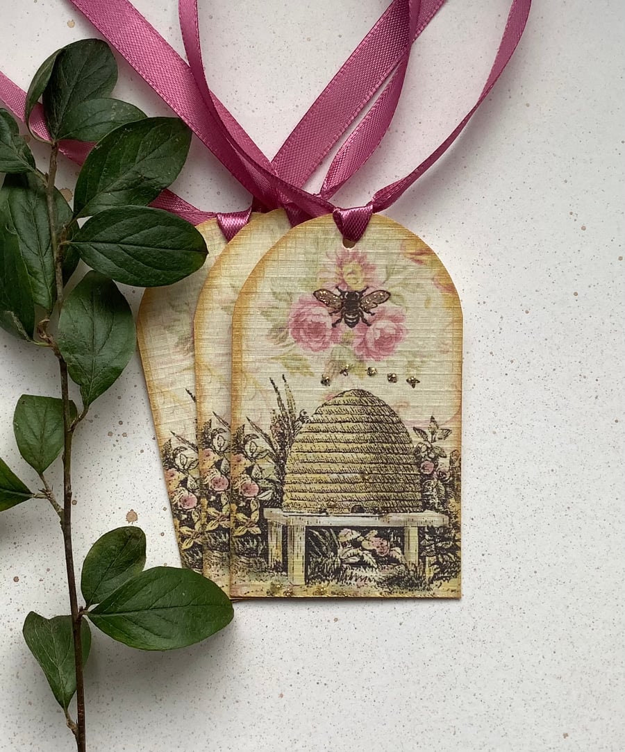 GIFT TAGS  ( set of 3 ) .Vintage -style  ' Bee Skep '..ready to ship