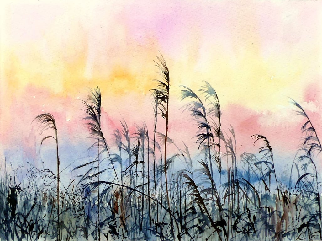 Fen Sunrise Reed Bed Original Landscape Watercolour Painting