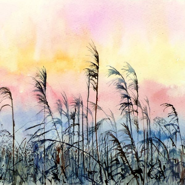 Fen Sunrise Reed Bed Original Landscape Watercolour Painting