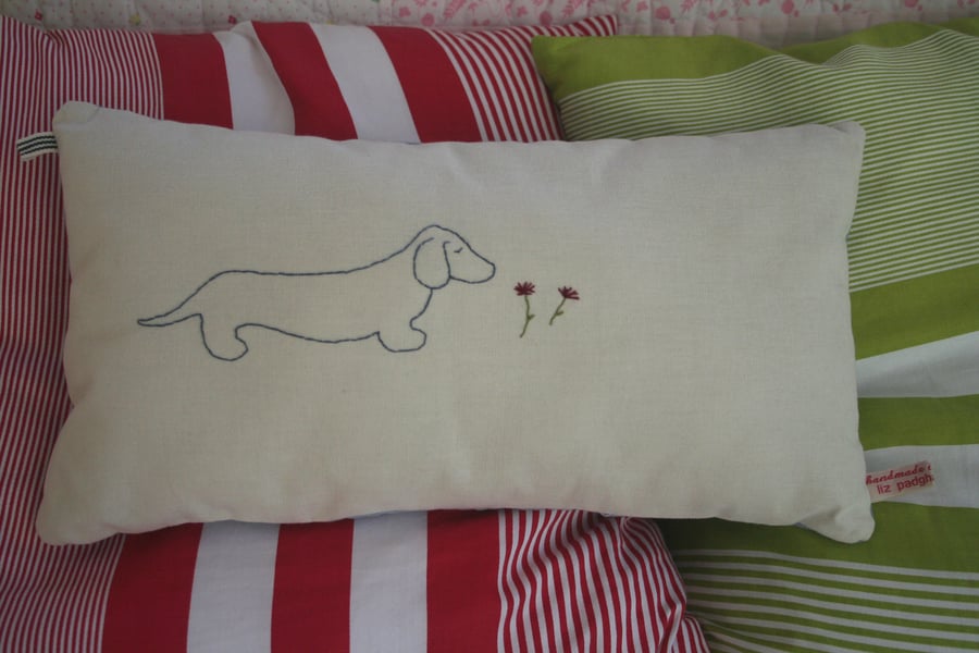 SALE Hand Embroidered Dachshund Dog Design Cushion