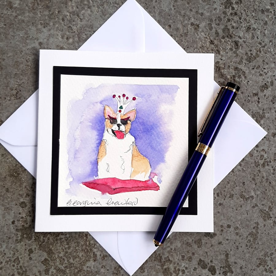 Blank Card. Watercolour Funny Dog Painting. Dame Edna the Corgi. Notelet.