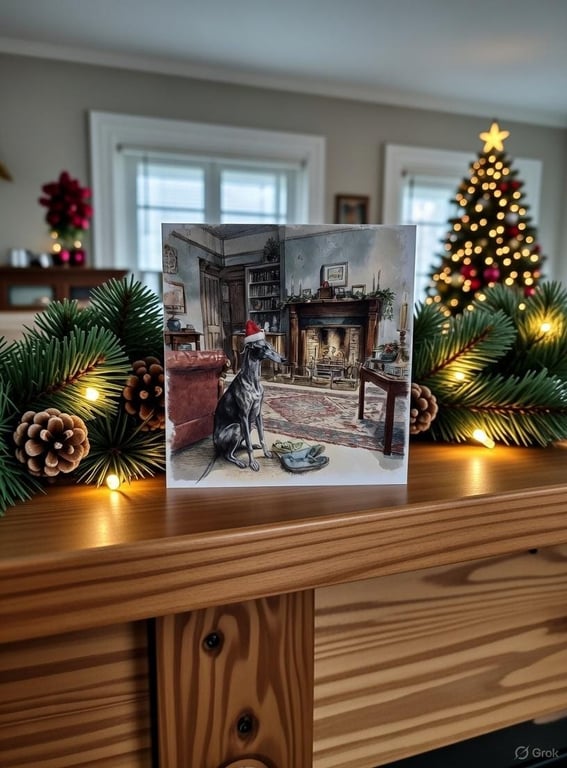 Greyhound Lurcher Christmas Card Whippet in Santa Hat Cosy Fireside Watercolour 