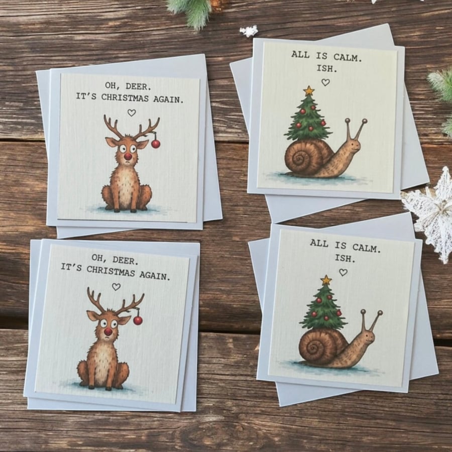 Pack of 8 Funny Christmas Cards - Reindeer & Snail Festive Mini Cards