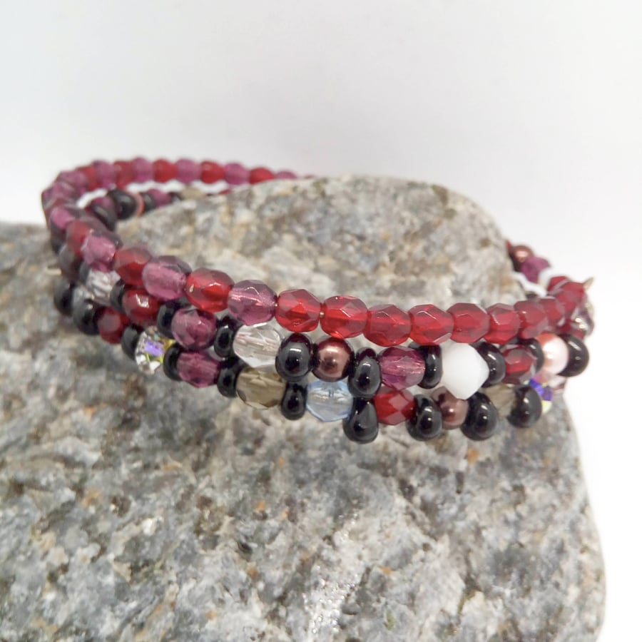 Red Black Purple and Clear Crystal and Pearl Memory Wire Cuff Bracelet