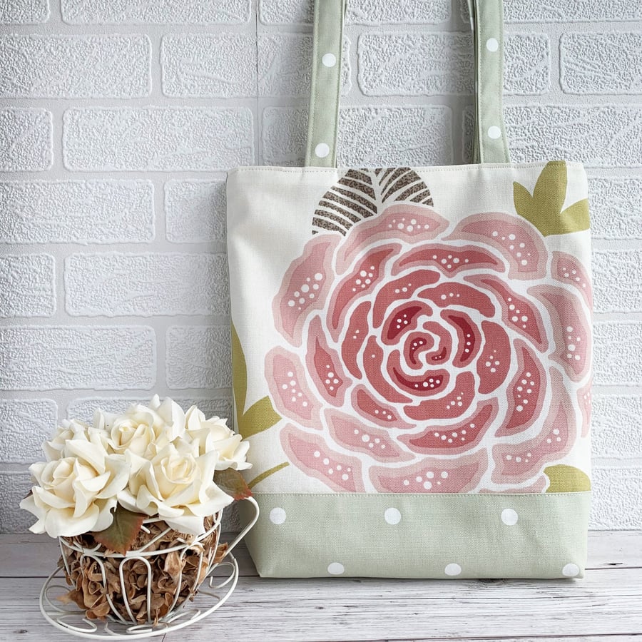 Polka Dot Tote Bag with Large Pink Swirled Flower