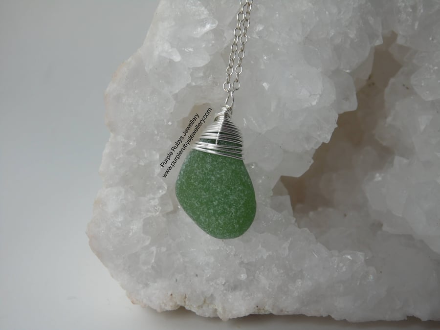 Bright Green Cornish Sea Glass Necklace, Sterling Silver N579 Portreath