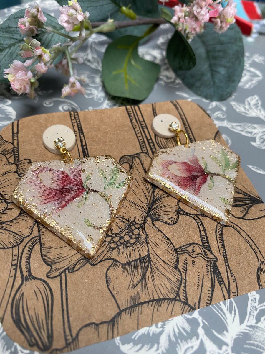 Floral, lily polymer clay earrings, gold plated and finished with resin