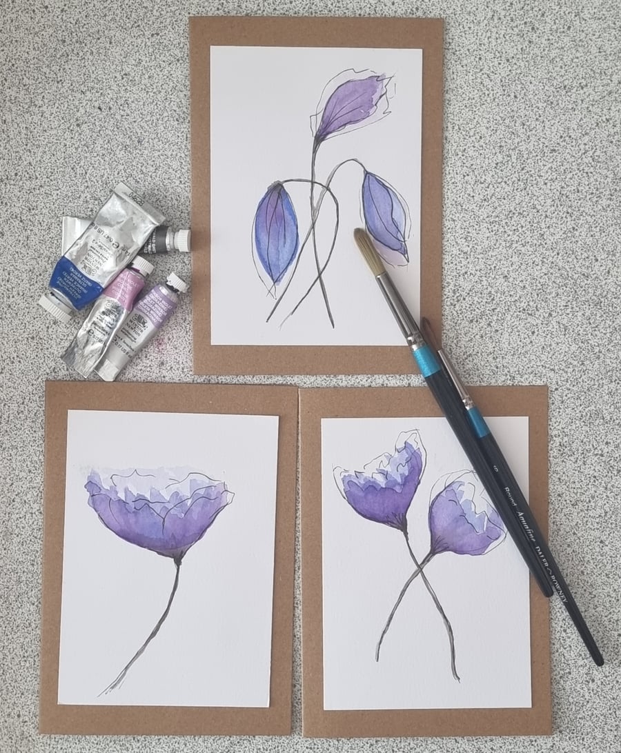 "Twilight Petals" Hand-Painted Watercolour Cards (Set of 3)