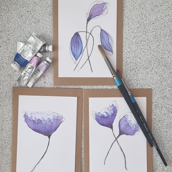 "Twilight Petals" Hand-Painted Watercolour Cards (Set of 3)