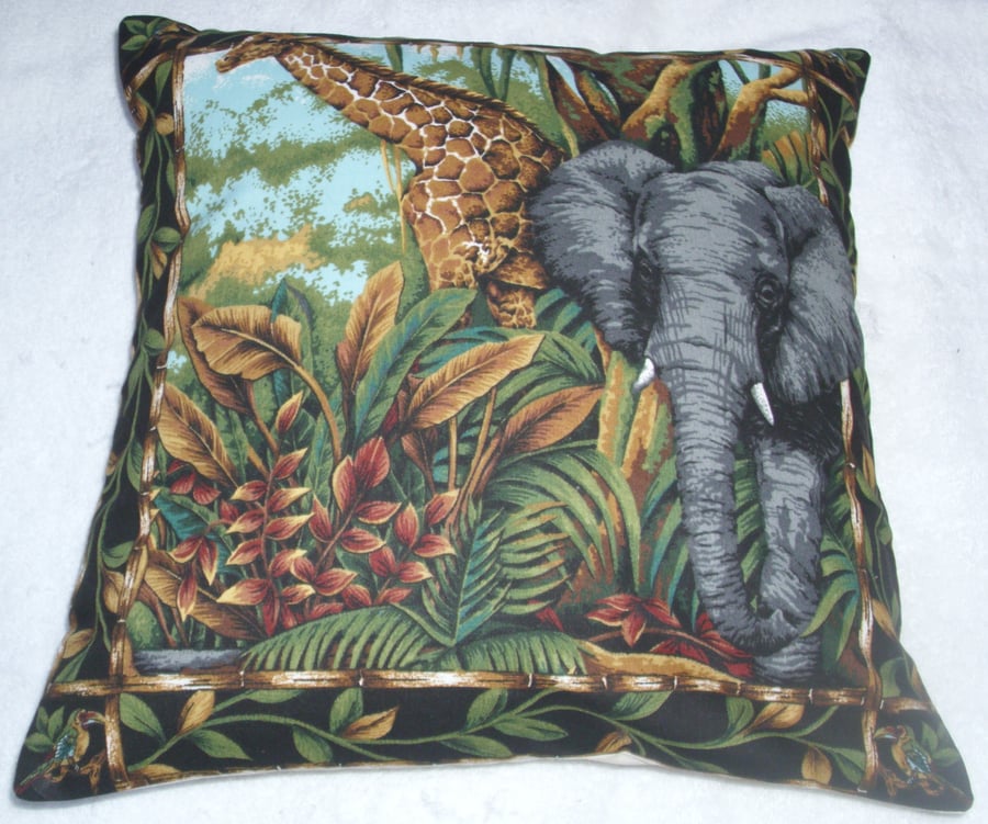 On Safari Giraffe and elephant in the forest cushion