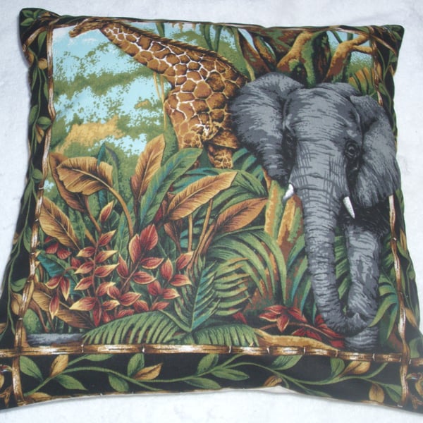 On Safari Giraffe and elephant in the forest cushion