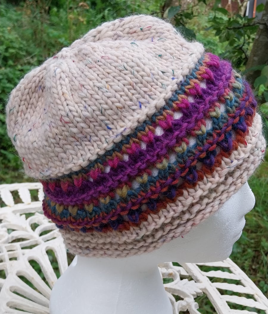 Handknit chunky wool hat col 2 Cream