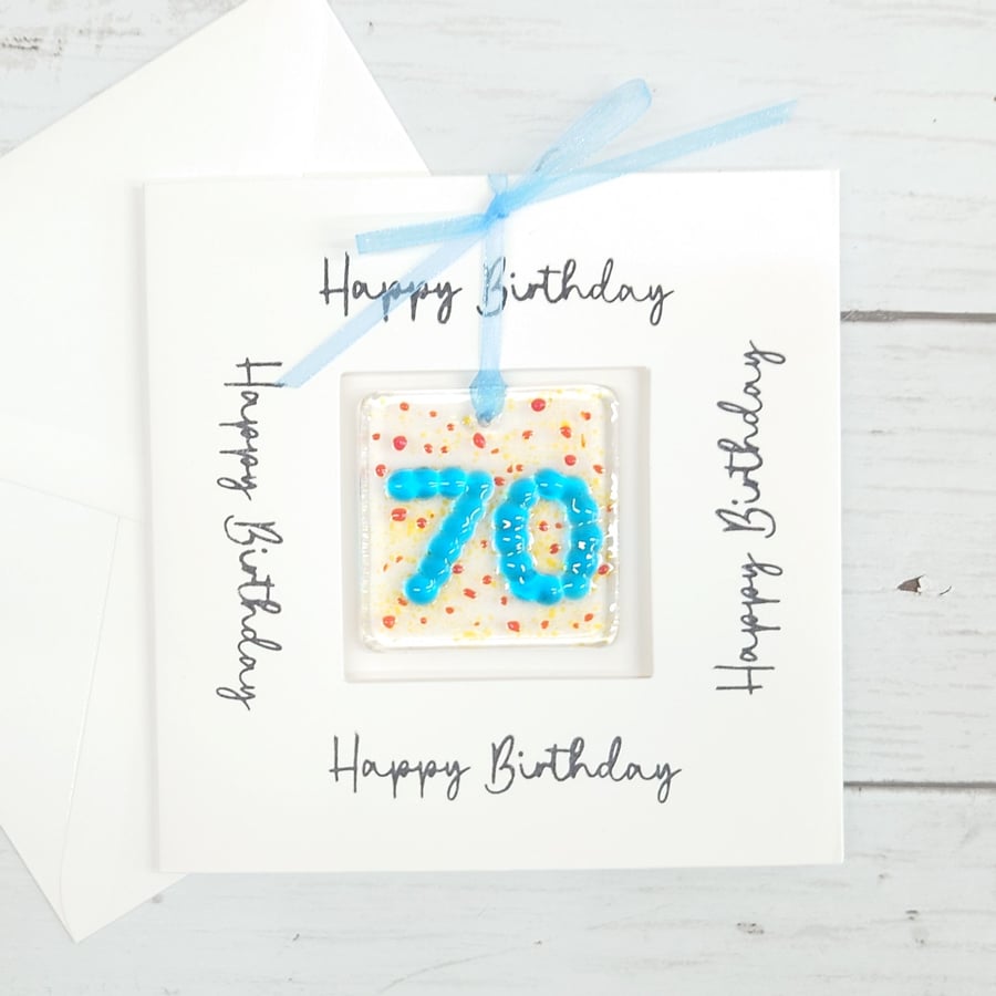 70th Birthday Card; Fused Glass 70 Birthday Keepsake