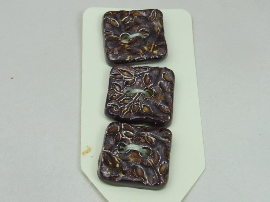 3 Medium Dark Copper Leaf Texture Square Ceramic Buttons