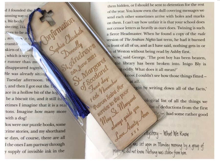 Personalised Confirmation gift. Engraved wooden bookmark with Chosen Saints name