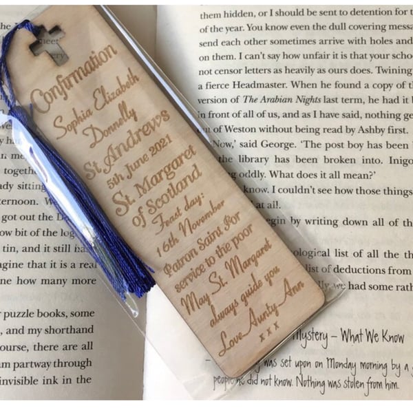 Personalised Confirmation gift. Engraved wooden bookmark with Chosen Saints name