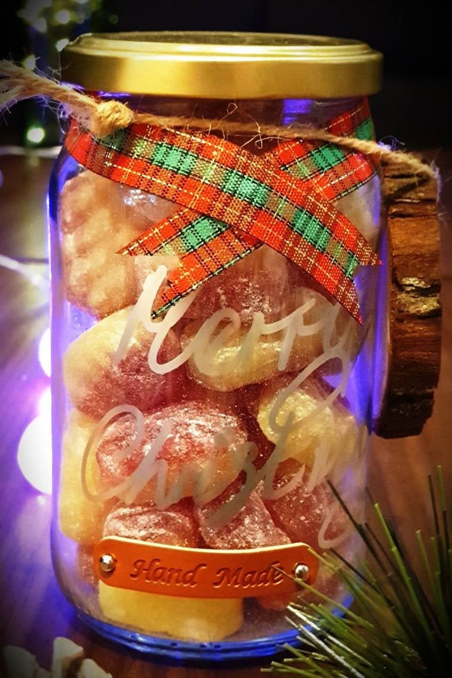 Personalised Rhubarb & Custard sweet Jar Gift with Christmas decoration, Hand Cr