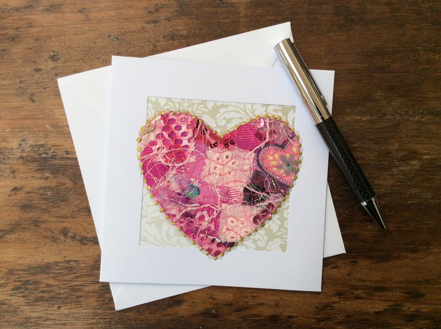 Embroidered up-cycled fabric heart Art Card.