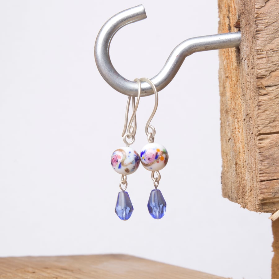 Floral lampwork glass and blue drop bead sterling silver earrings