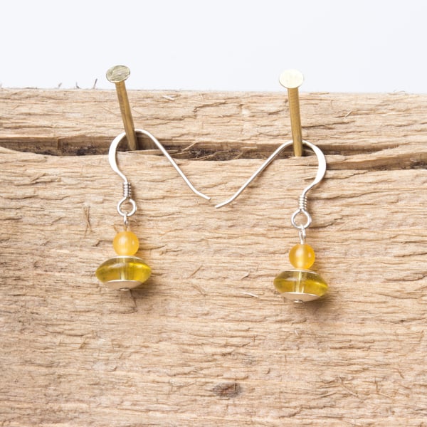 Yellow bead sterling silver small drop earrings