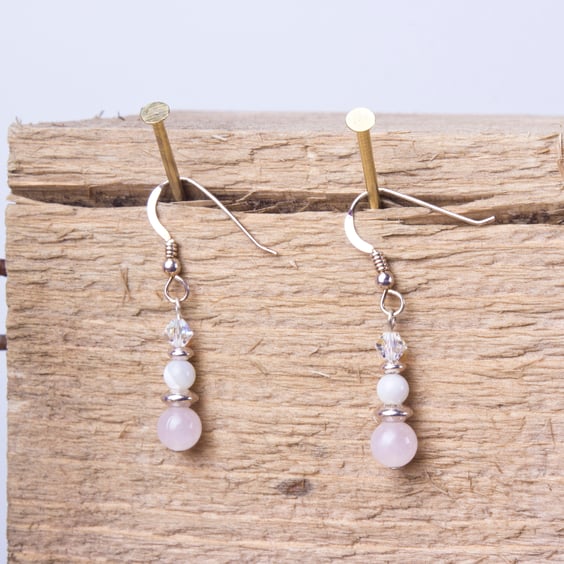 Pink rose quartz, mother of pearl and crystal drop earrings
