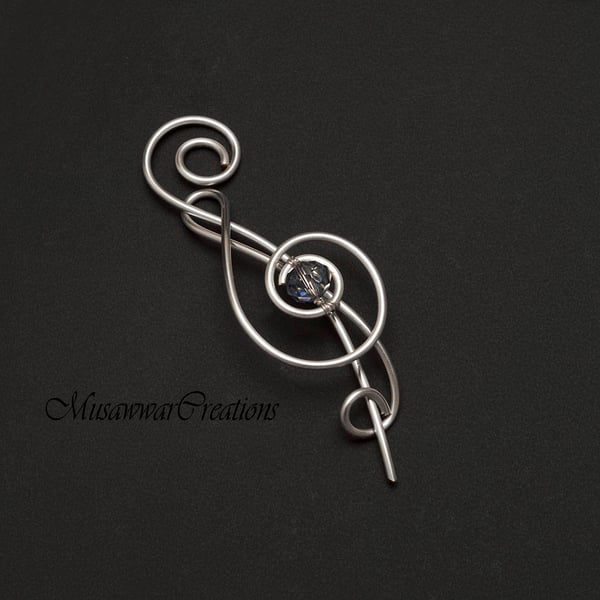 Silver shawl pin ,Treble Clef silver Shawl Pin, Music Gift Scarf Pin, 