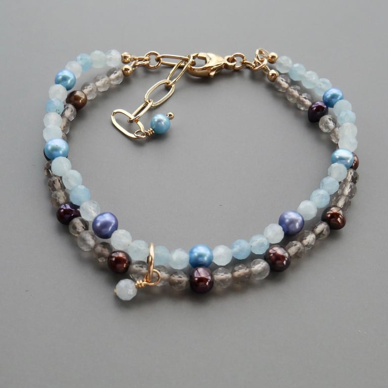 Two Strand Bracelet with Pearls and Gemstones - Adjustable Gold Filled Clasp