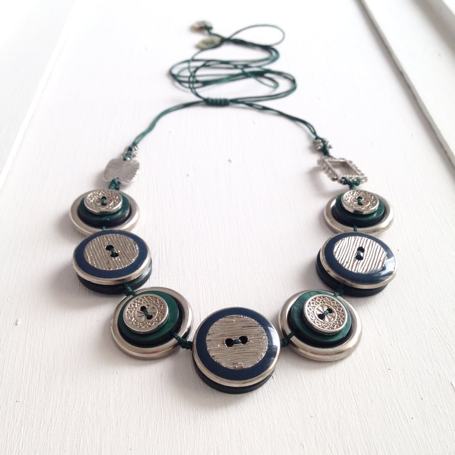 ON SALE - Bottle Green Vintage Button Handmade Necklace - one off design