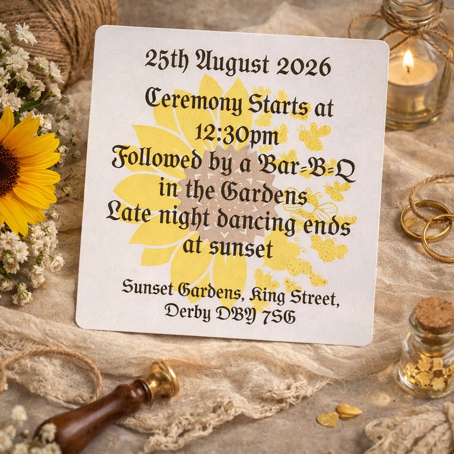 Sunflower Wedding Details Card  Rustic Wedding Reception Information