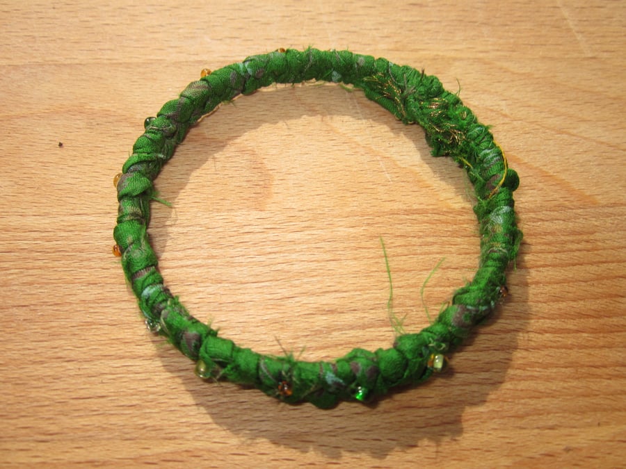 Textile bangle 'Coriander' small to medium - recycled sari silk