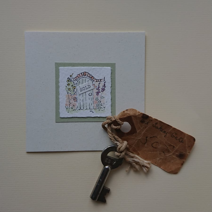 New Home Card - walled garden gate watercolour - recycled card and envelope