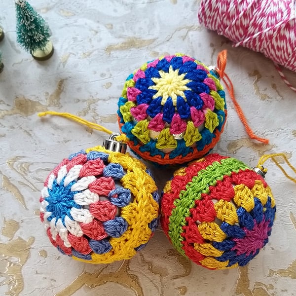 Crochet Baubles Set of 3 Christmas Tree Decorations Free P&P