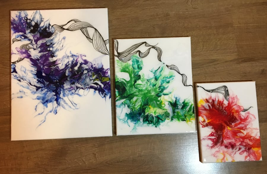  Abstract  rainbow flowers and ribbon, Original, Fluid art, triptych