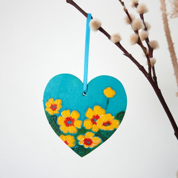 Yellow Primrose, Turquoise hanging Heart, Easter Decoration, Mother's Day Gift