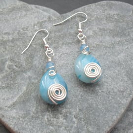 Blue Agate Wrapped Drop Earrings 