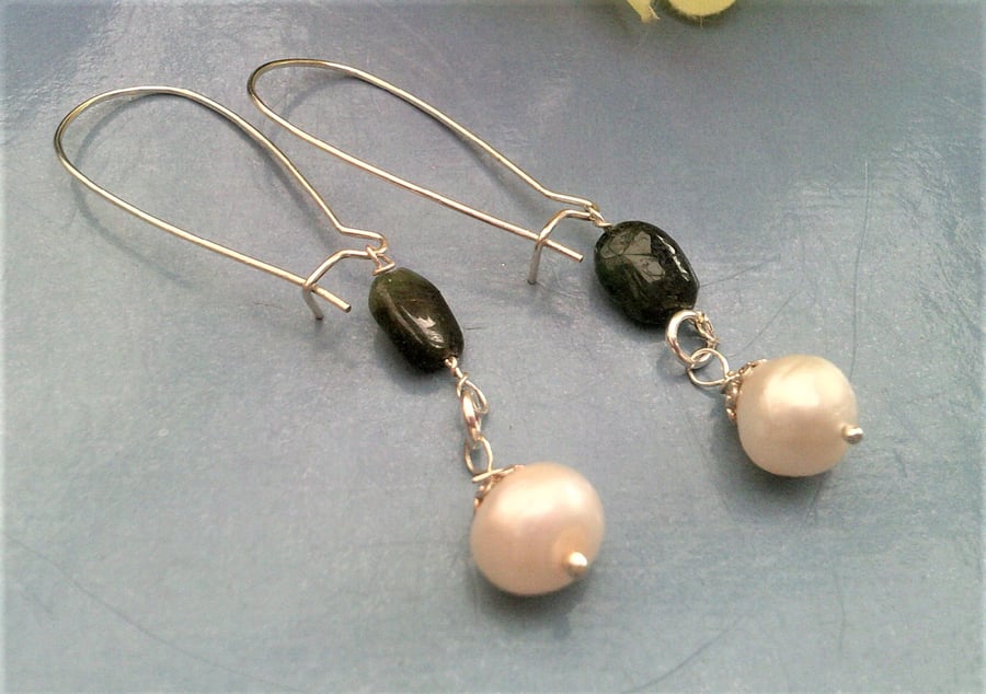 White Freshwater Pearls & Emerald Earrings, Long Drop Delicate Earrings