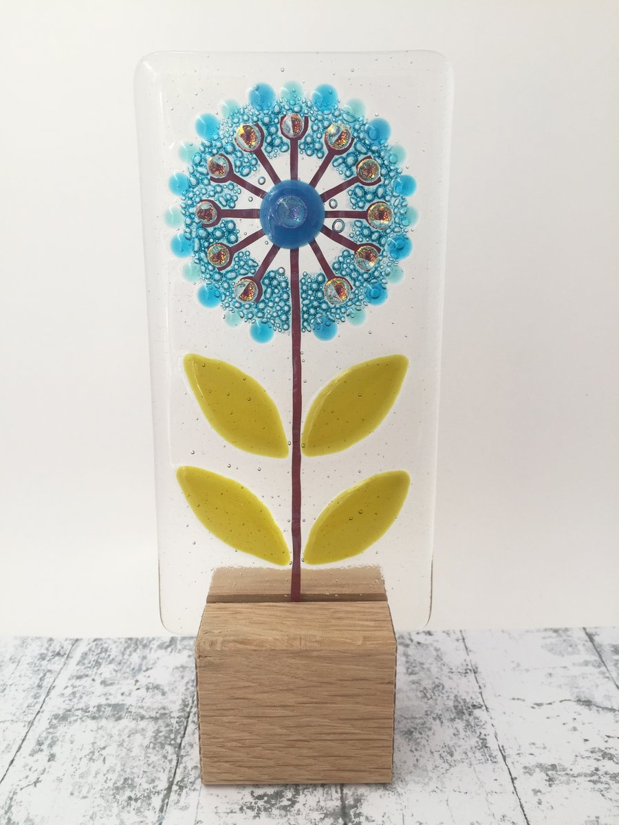 Fused Glass Flower on Oak 2