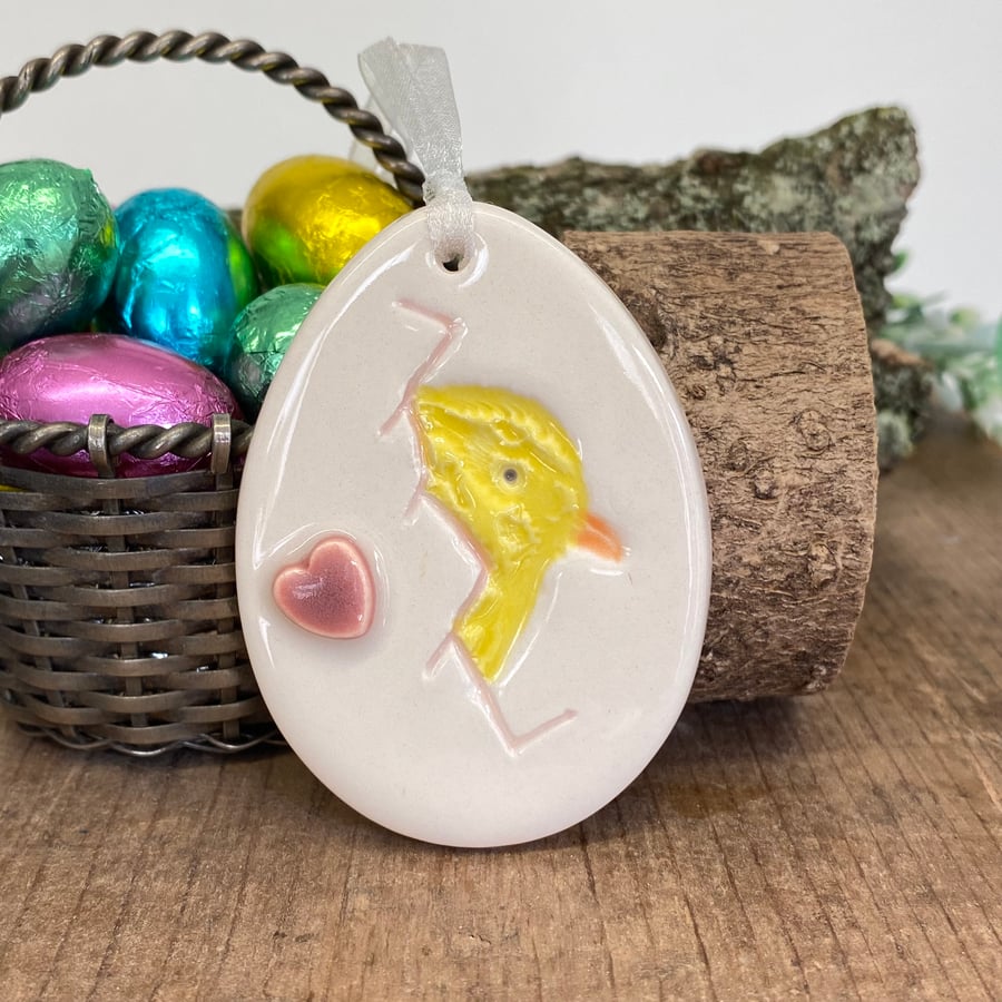 Pottery Easter Egg decoration chick in egg pink